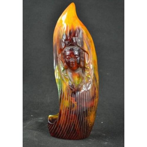 Elaborate Chinese Old Collectibles Decorated Resin Carving Kwan-Yin Leaf-shape Statue