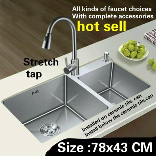 Free shipping hand made of 304 stainless steel kitchen sink stretch tap thickening double groove durable hot sell 780x430 MM