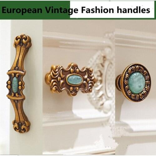 32mm 96mm 128mm European style retro jade furniture handles bronze green jade kithcen cabinet wine cabinet drawer pulls knobs 5"