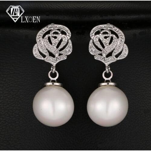 LXOEN Elegant Round Simulated Pearl Earrings With Flower Shape Silver Color Crystal Earrings Jewelry Gift Pendientes