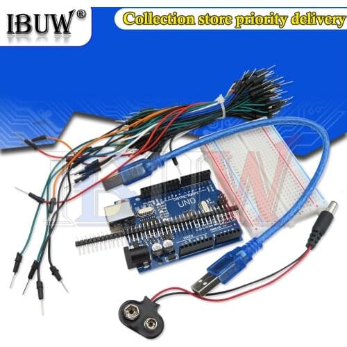Starter Kit for Arduino Uno R3 - Bundle of 5 Items: For Uno R3, Breadboard, Jumper Wires, USB Cable and 9V Battery Connector DIY