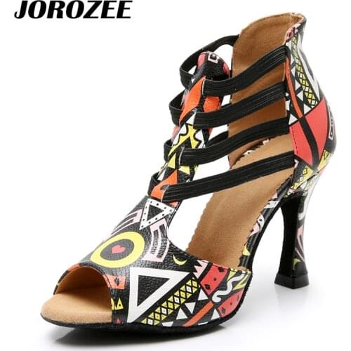 JOROZEE Latin Dance Shoes Women New Featured Print Party Salsa Ballroom dancing shoes Flower Pu cuban heel 9CM