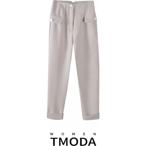 TMODA1404 2021 Za Women Summer Casual Solid Straight Pants High Waist Button Female Elegant Street Pants Trousers Botton Pant
