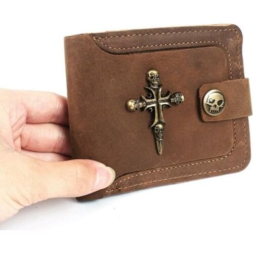 Vintage Short Purse Men Goth Skull Head Cross Crazy Horse Cowhide Leather Boys Wallet Male Biker Punk Card holders Hasp Wallets