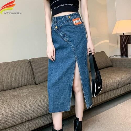 Women Denim Skirt Long 2021 Summer New Arrival Blue Or Black High Waist Side Slit Maxi Irregular Jean Skirts Womens Epaulet