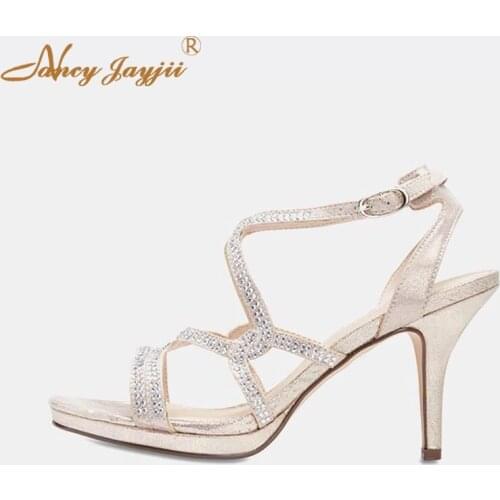 Female Shoes Adult Ladies Sandals Crystal Ankle Wrap Super High Thin heels Solid Wedding Party Fashion Mature Nancyjayjii 2019
