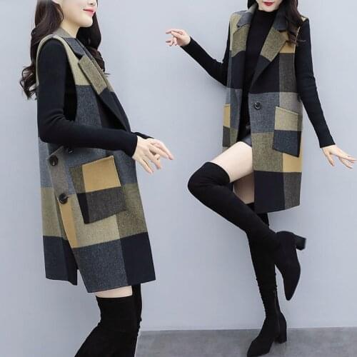 Plaid Woolen Vest Women Female Autumn And Winter New Womens Korean Long Fashion Slim Wool Coat Suit Collar Gilet Femme