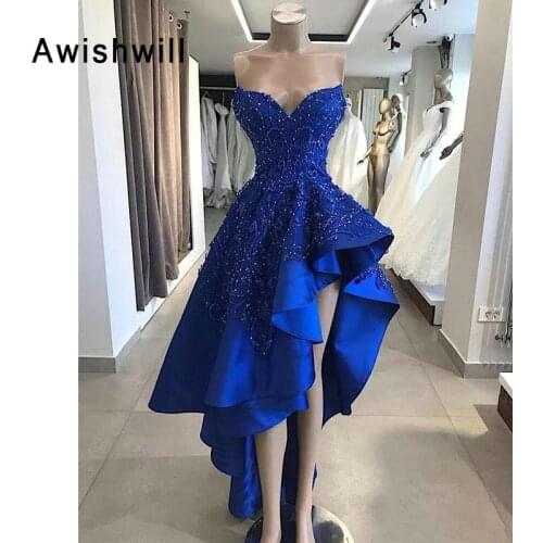 New Arrival Royal Blue Prom Dress 2020 High Low Beadings Lace Satin Asymmetrical Evening Dress Elegant Special Occasion Dress