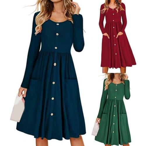 Summer New Unique O Neck Pleated Hem Midi Dress Long Sleeve Buttons Closure Pockets Women Tunic Dress Streetwear 2021 Plus Size
