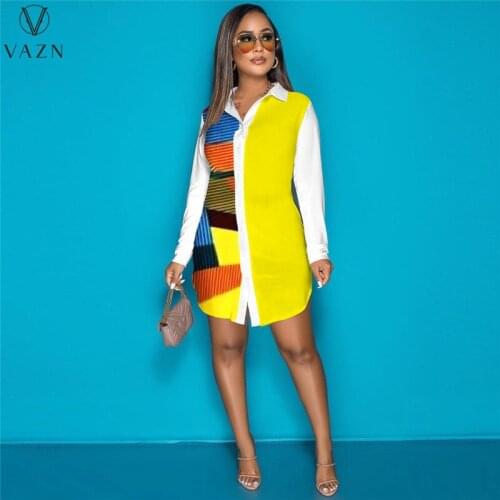 VAZN 2021 Autumn Patchwork Overalls Free Vintage Chiffon Dress Sexy Shirt Dress Full Sleeve Women Midi Dress Vestido