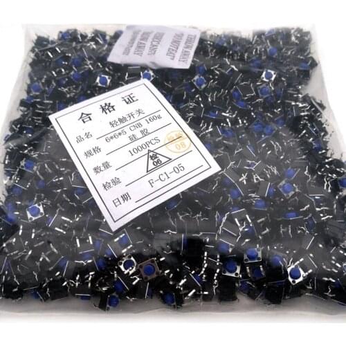 1000pcs/lot Blue Silica gel head 6*6*5MM vertical 4pin touch switch DIP micro/key switch 6x6x5 copper pin