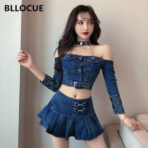 BLLOCUE Women Fashion Retro Denim 2 Piece Set Women Sexy Strapless Short Denim Jackets+High Waist pleated Mini Skirt Suits
