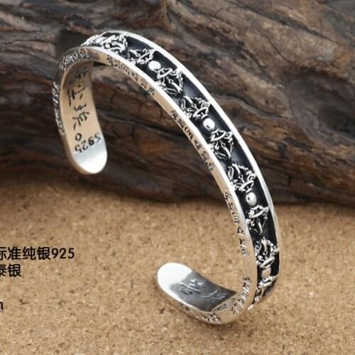 Real Solid 925 Sterling Silver Cuff Bracelet Om Mani Padme Hum Vajra Punk Jewelry F Men Women A3103