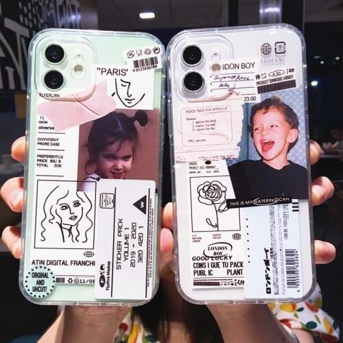 Retro Label Boy Girl Couple Clear Phone Case For iPhone 11 Pro Max 12 Mini X XS XR 7 8 Plus SE Fashion Soft TPU Shockproof Cover