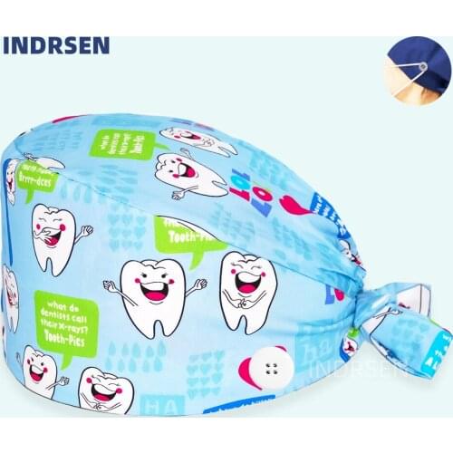 Pure Cotton Dental Scrub Cap Dental Clinic Absorb sweat Happy Tooth Surgicals Caps with Buttons