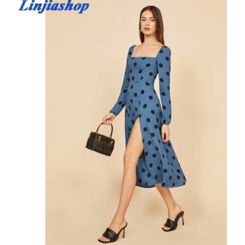 Elegant split midi dress women backless elastic loose plus size long sleeve ploka dot party dress ladies vestidos dropshipping