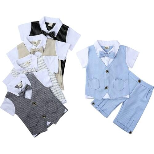 Bowtie Baby Boys Summer Shirts Stripe Short Pants Suits Childrens Tuxedo Cotton Kids Sets Outfits Gentleman Trousers Vest