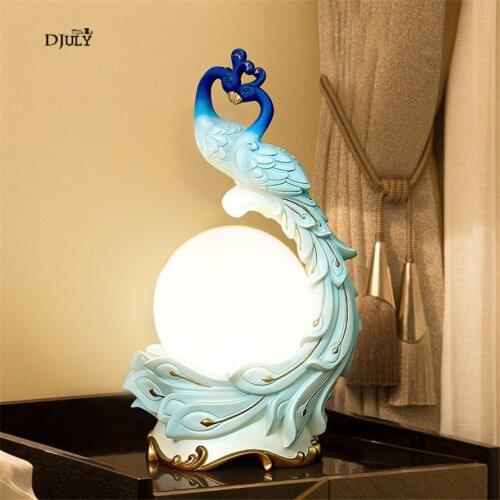 Art deco resin Blue peacock globe table lamp for Marriage room bedroom bedside lamps modern home decoration led desk night light