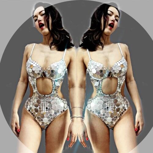 Club Singer Costume Mirror Bodysuit Sexy Hollow Leotard Nightclub Gogo Dance Costume Jazz Pole Dance Clothing Stage Wear VDB2322