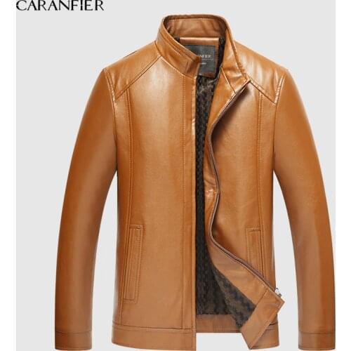CARANFIER New Faux Leather Jacket Mens Winter Yellow Jacket Male Middle-aged Leather Mens Fur Collar Detachable Men Clothing