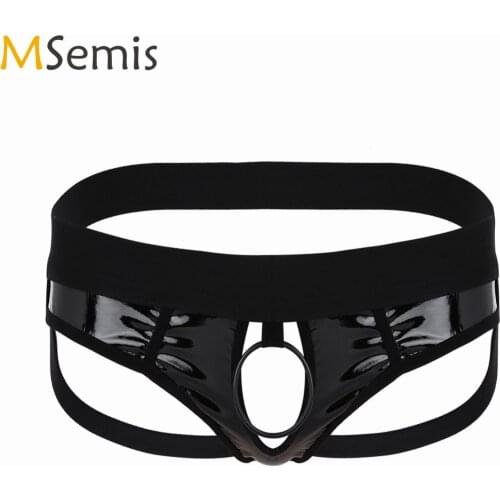 Mens Sexy Lingerie Gay Open Butt Jockstrap Underpants with Metal Penis Ring Hot Hollow Out G-string Bikini Briefs Sissy Panties