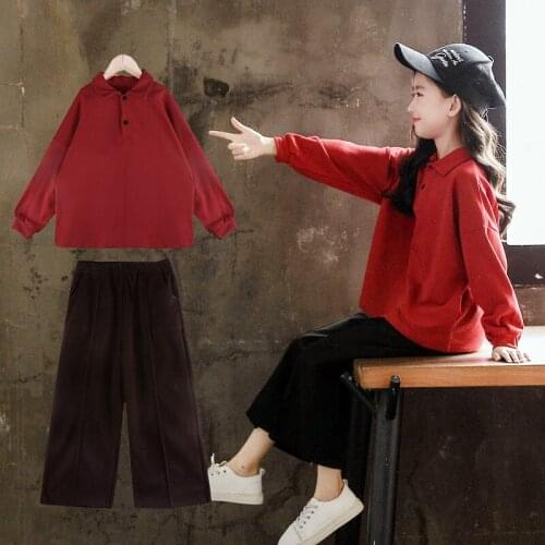 New Spring Autumn Winter Warm Children Girls Suit Sweater Wide Leg Pants 2Pcs/Sets Red Clothing Kids Sport School High Quality