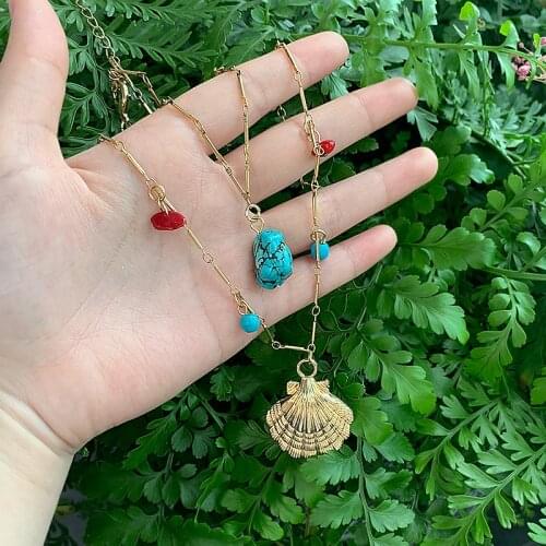 KOMi New Gold Boho Alloy Cowrie Shell Necklace for Women Conch Chain Turquoises Pendant Necklace Jewelry Starfish Collar C10517