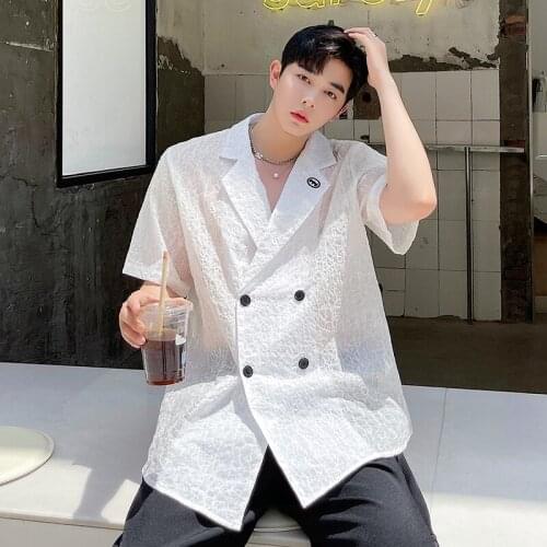 Summer Mens White Short Sleeve Blazers Jacket Double Breasted Sense of Luxury Breathable Coat C14