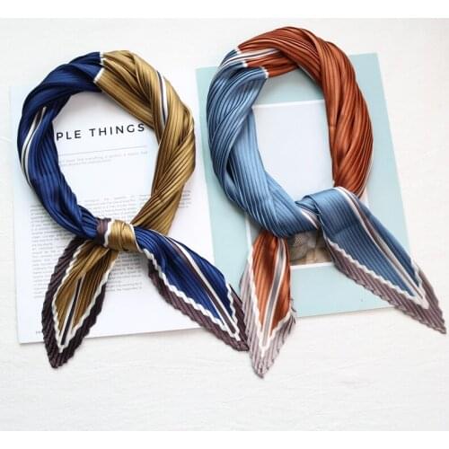 Women handle bag hair multifunctional printed patchwork wrinkle foulard bandana satin pleated scarf silk square handkerchief
