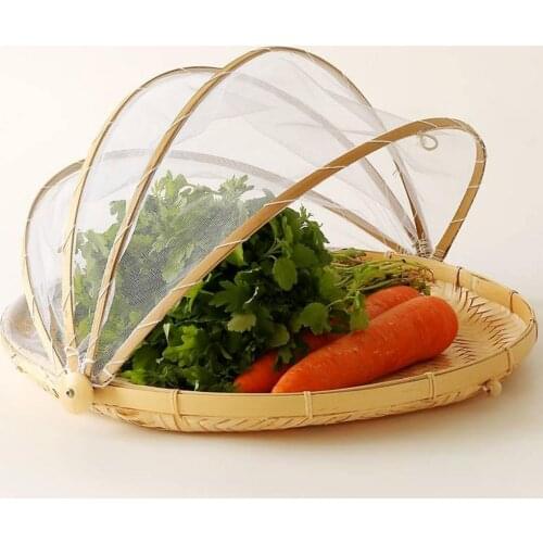 Hand-Woven Food Serving Basket Tray Dustproof Round Picnic Container Fruit Vegetable Bread Storage Mesh Tent Net Cover Foldable