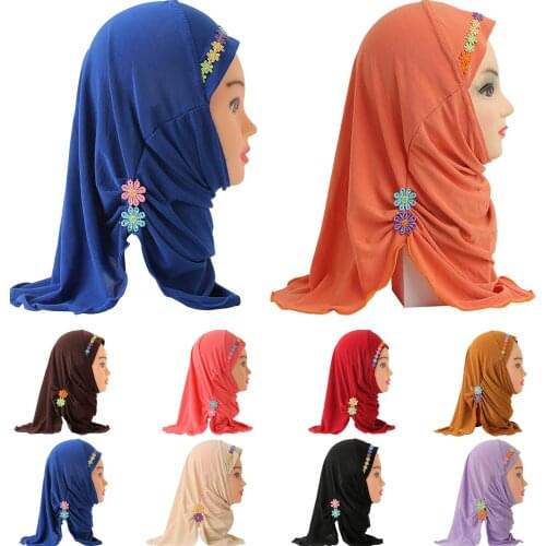 Ramadan Muslim Kids Girls Hijab Scarf Islamic Flower Caps Shawls Amira Headscarf Wrap Headwear Turban Arab Children Underscarf