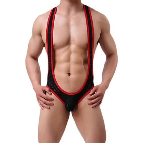 Sexy Mens Undershirt Mesh Bodysuit Jockstrap Open Butt Pajamas Briefs Underwear Freestyle Leotard Wrestling Singlet Swimsuit New