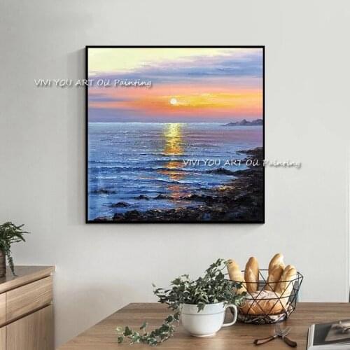 Sunsets Natural Sea Beach Landscape Handmade Oil Painting Blue Wall Art Pictures Wall Art for Living Room Home Decor (No Frame)