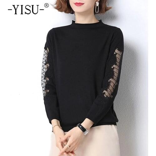 YISU Spring Women Sweater Half high collar Solid color Lace sleeves Knitted pullover Long sleeve Female Casual Loose Jumper 2021