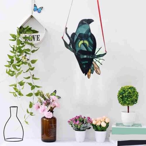 Crow Witch Stained Suncatcher Black Bird with Moon Necklace Decorative Window Wall Hanging Ornament for Home Decoration