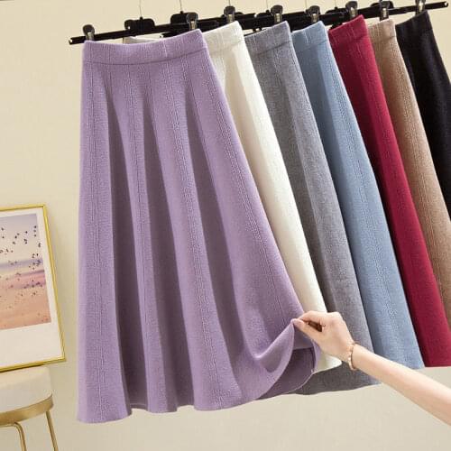 2021 Winter Autumn Women Knitted Pleated Midi Skirts Ladies Solid Warm High Waist A-Line Skirt Female Elegant A-line Faldas Q44