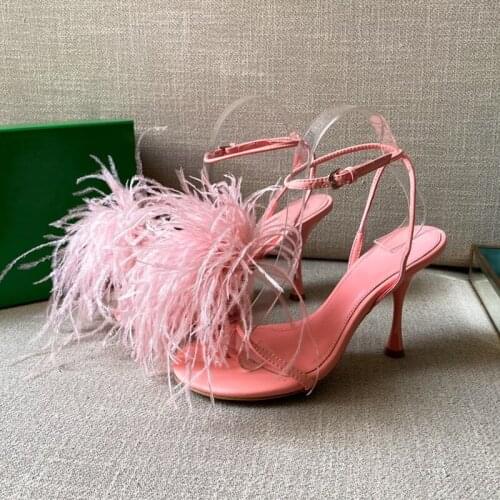 Fur Decorated Woman Sandals Solid Buckle Strap Shoes Women Round Toe Sexy Sandals Thin Heels Ladies Shoes Fashion Party Sandals