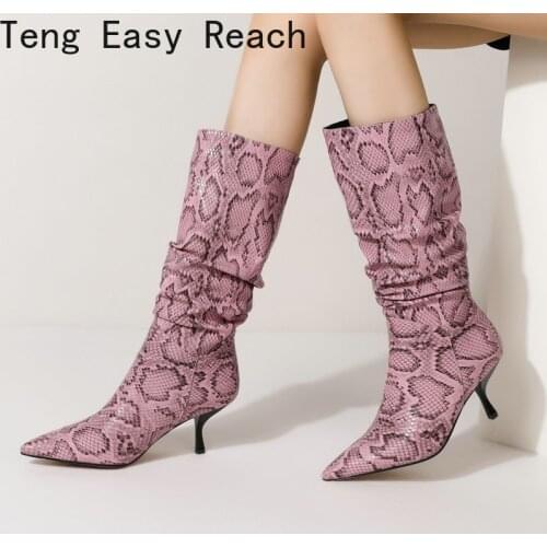 2021 Autumn Winter Women Mid Calf Boots Snake Print Faux Leather Women Strange Style Heel Boots Pleated Pointed Toe Womens Boot