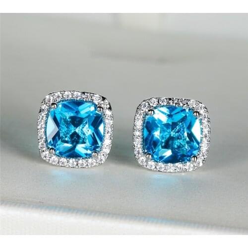 Cute Aqua Blue Zircon Square Stone Earrings For Women Wedding Jewelry Vintage Fashion Rainbow Crystal Silver Color Stud Earrings