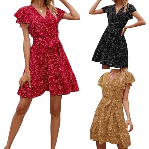 Women Fashion V-neck Polka Dot Dress Stylish Short Sleeve Lace-up Dress for Ladies Female New Style 2021