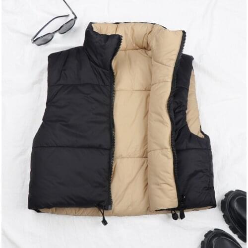 Winter Cropped Vest Women Warm Sleeveless Jacket Casual Solid Reversible Waistcoat Coat Pockets Stand-Up Colla Female Outerwear