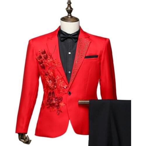 Sequins blazer men groom suit set with pants mens red suits white costume singer star style dance stage clothing formal dress