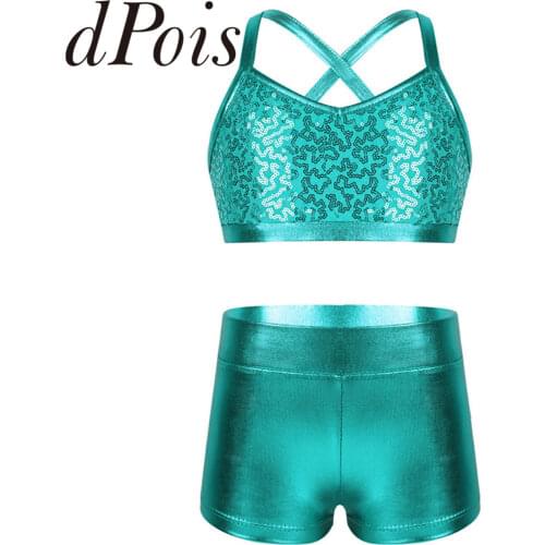 2PCS Kids Girls Tankini Outfit Spaghetti Shoulder Straps Shiny Sequins Tank Top with Bottoms Set Ballet Gym Workout Dance Wear