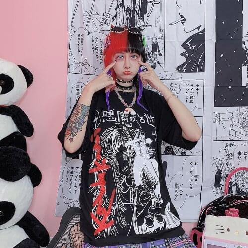 Cartoon Horror Graphic Vegan T-shirt Women Character Print Loose Punk Japanese T Shirts Pullover Top Harajuku Street Tees