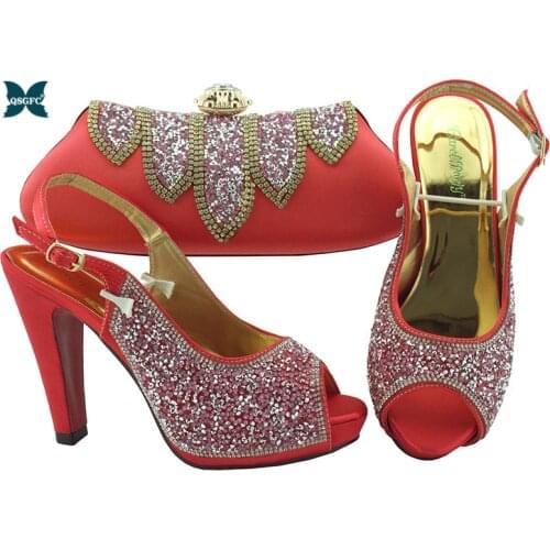 Coral Color Italian design High Heels Sandals and Matching Bag Set For Party Hot Sale African Woman Shoes And Bag Set