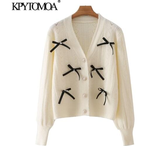 KPYTOMOA Women 2021 Fashion Faux Pearl Buttons Appliques Knit Cardigan Sweater Vintage Long Sleeve Female Outerwear Chic Tops
