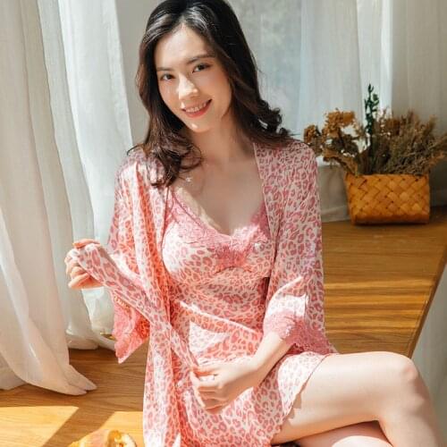 Lisacmvpnel Pink Leopard Print Womens Sexy Ice Silk Robe Set Thin Satin With Bra Suspender Two-piece Sleepwear