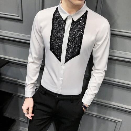 2021 Tuxedo Shirts Men Long Sleeve Camisa Masculina Black White Casual Slim Fit Men Dress Shirts Streetwear Social Tops