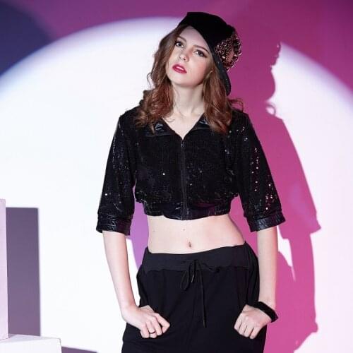 2016 New Fashion Women Tops Clothing Jazz ds Ultra-short Black Sequins Hip Hop Dance Performance Costume Dancer Coat Jacket