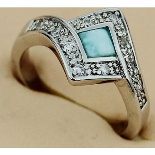 SHUNXUNZE Larimar Natural Stone and little White Cubic Zirconia wedding rings for men and women Rhodium Plated R3540 size 7 8